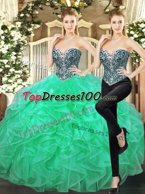 Most Popular Turquoise Tulle Lace Up Sweet 16 Quinceanera Dress Sleeveless Floor Length Beading and Ruffles