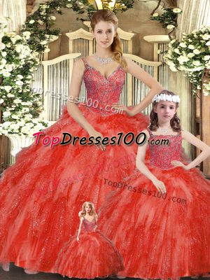 Floor Length Lace Up Ball Gown Prom Dress Red for Military Ball and Sweet 16 and Quinceanera with Beading and Ruffles