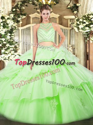 Designer Yellow Green Tulle Zipper Scoop Sleeveless Floor Length Quince Ball Gowns Ruffles