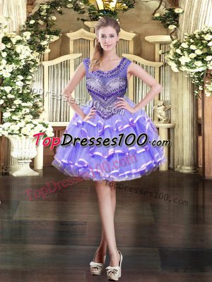 Organza Scoop Sleeveless Zipper Beading and Ruffled Layers Evening Dress in Lavender