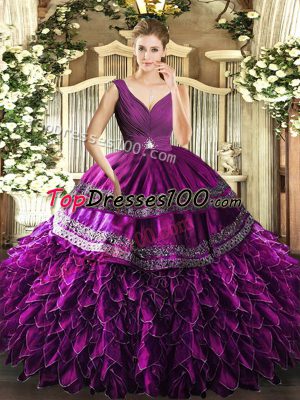Modern Purple Quinceanera Dresses Sweet 16 and Quinceanera with Beading and Ruffles and Ruching V-neck Sleeveless Backless