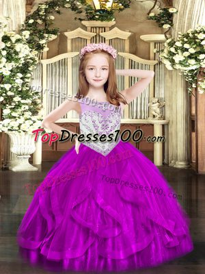 Fuchsia Tulle Zipper Scoop Sleeveless Floor Length Party Dress for Toddlers Beading and Ruffles
