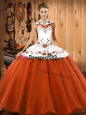 Flare Orange Red Ball Gowns Halter Top Sleeveless Satin and Tulle Floor Length Lace Up Embroidery Sweet 16 Dress