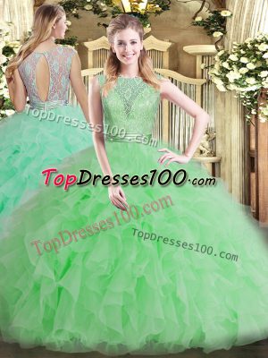 Captivating Apple Green Tulle Backless Quinceanera Gowns Sleeveless Floor Length Beading and Ruffles