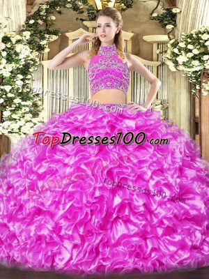Lilac Two Pieces Tulle High-neck Sleeveless Beading and Ruffles Floor Length Backless Vestidos de Quinceanera