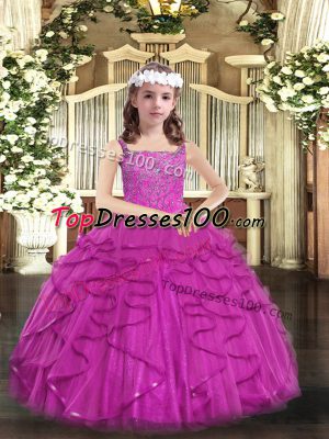 Cute Fuchsia Sleeveless Floor Length Beading and Ruffles Lace Up Party Dress for Toddlers