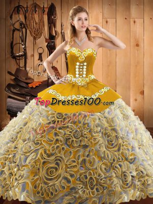 Sleeveless With Train Embroidery Lace Up Quince Ball Gowns with Multi-color Sweep Train