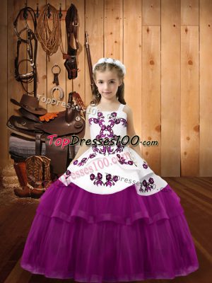 Purple Lace Up Straps Embroidery Girls Pageant Dresses Tulle Sleeveless