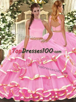 On Sale Floor Length Rose Pink Quinceanera Dresses Organza Sleeveless Beading and Ruffled Layers