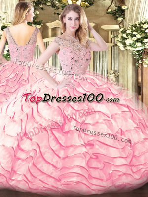 Elegant Baby Pink Ball Gowns Bateau Sleeveless Tulle Sweep Train Zipper Beading and Ruffled Layers Quinceanera Gowns