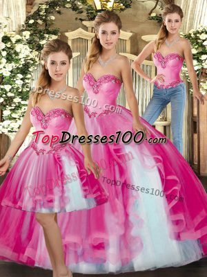 Custom Fit Floor Length Three Pieces Sleeveless Baby Pink Quinceanera Gowns Lace Up