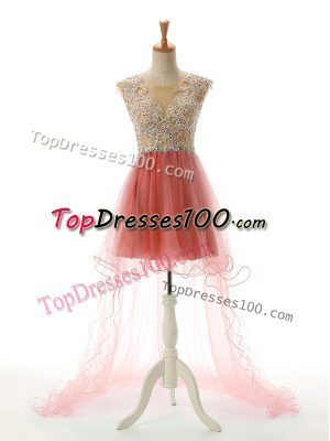 Classical Scoop Sleeveless Backless Prom Party Dress Watermelon Red Tulle