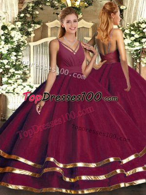 Extravagant Floor Length Burgundy Ball Gown Prom Dress Tulle Sleeveless Ruching