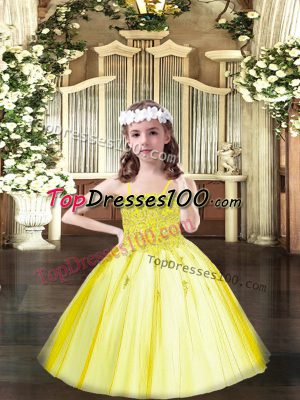 Wonderful Ball Gowns Little Girl Pageant Dress Yellow Spaghetti Straps Tulle Sleeveless Floor Length Lace Up