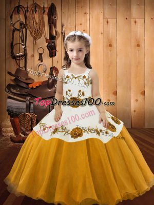 Simple Gold Ball Gowns Organza Straps Sleeveless Embroidery Floor Length Lace Up Little Girls Pageant Dress