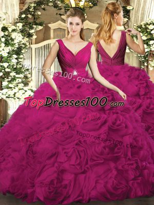 Fuchsia Backless V-neck Beading Quince Ball Gowns Organza and Fabric With Rolling Flowers Sleeveless