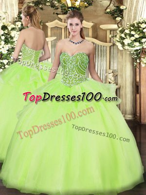 Yellow Green Tulle Lace Up Sweetheart Sleeveless Floor Length 15 Quinceanera Dress Beading and Ruffles