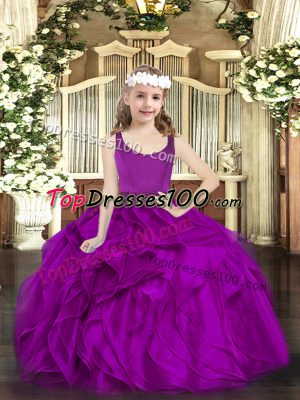 Fuchsia Ball Gowns Scoop Sleeveless Organza Floor Length Zipper Beading and Ruffles Casual Dresses