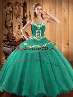 Turquoise Ball Gowns Embroidery Quinceanera Gowns Lace Up Satin and Tulle Sleeveless Floor Length
