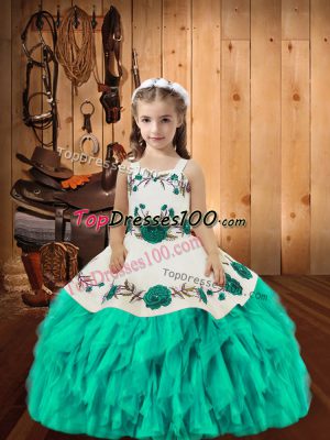 Custom Made Sleeveless Floor Length Embroidery and Ruffles Lace Up Little Girls Pageant Gowns with Aqua Blue