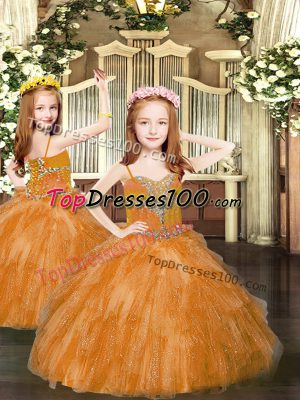 Fancy Sleeveless Floor Length Beading and Ruffles Lace Up Child Pageant Dress with Rust Red