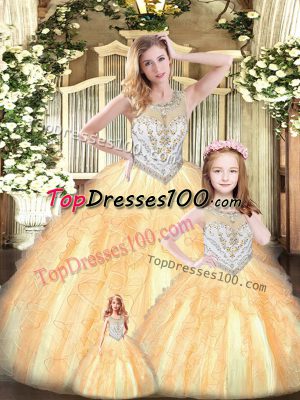 Floor Length Champagne Sweet 16 Quinceanera Dress Tulle Sleeveless Beading and Ruffles