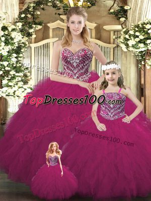 Fuchsia Sleeveless Floor Length Beading and Ruffles Lace Up Sweet 16 Dress