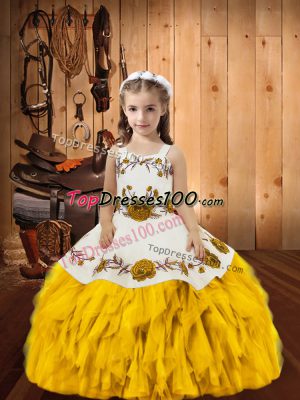 Gold Straps Neckline Embroidery and Ruffles Little Girls Pageant Dress Wholesale Sleeveless Lace Up