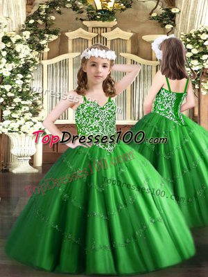Green Lace Up Child Pageant Dress Beading and Appliques Sleeveless Floor Length