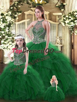 Beautiful Floor Length Dark Green Quinceanera Gowns Halter Top Sleeveless Lace Up