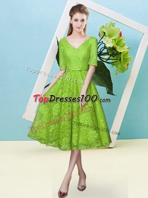 Graceful Lace Up Court Dresses for Sweet 16 Bowknot Half Sleeves Tea Length