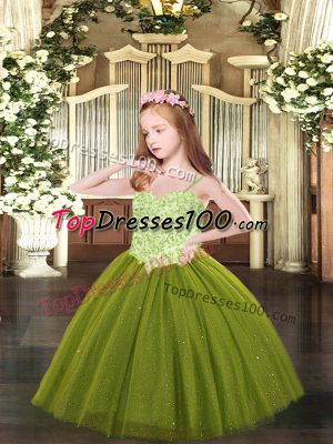 Olive Green Ball Gowns Appliques Girls Pageant Dresses Lace Up Tulle Sleeveless Floor Length