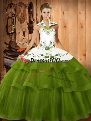 Enchanting Sweep Train Ball Gowns 15th Birthday Dress Olive Green Halter Top Organza Sleeveless Lace Up