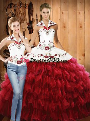 Floor Length Red Quinceanera Dress Organza Sleeveless Embroidery and Ruffled Layers