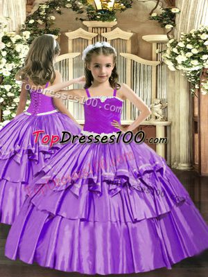 Floor Length Lavender Little Girls Pageant Dress Wholesale Straps Sleeveless Lace Up