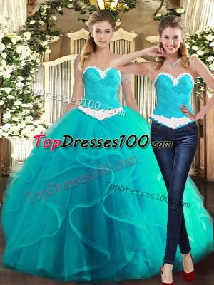 Comfortable Floor Length Baby Blue 15 Quinceanera Dress Tulle Sleeveless Ruffles