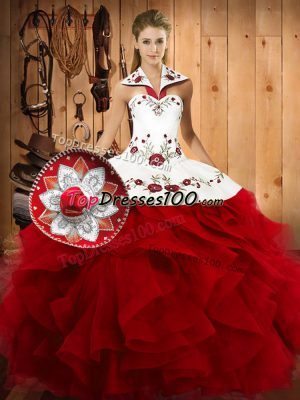 Wine Red Satin and Organza Lace Up Quinceanera Gown Sleeveless Floor Length Embroidery and Ruffles