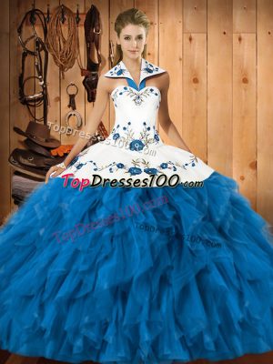 Teal Satin and Organza Lace Up Halter Top Sleeveless Floor Length Ball Gown Prom Dress Embroidery and Ruffles