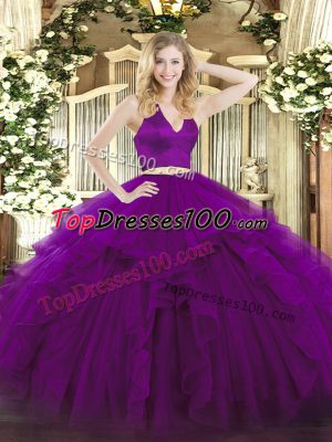 Floor Length Purple Quince Ball Gowns Organza Sleeveless Ruffles