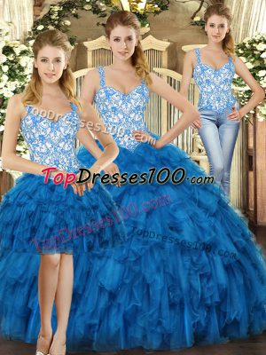 Blue Three Pieces Beading and Ruffles Ball Gown Prom Dress Lace Up Organza Sleeveless Floor Length