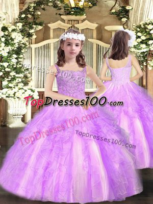 Lilac Straps Neckline Beading and Ruffles Kids Pageant Dress Sleeveless Lace Up