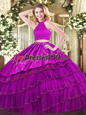Fuchsia Organza Backless Halter Top Sleeveless Floor Length Quinceanera Dress Beading and Embroidery and Ruffled Layers
