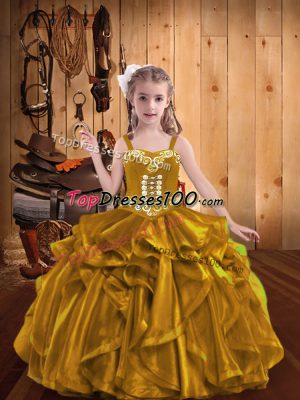 Gold Evening Gowns Party and Sweet 16 and Quinceanera and Wedding Party with Embroidery and Ruffles Straps Sleeveless Lace Up
