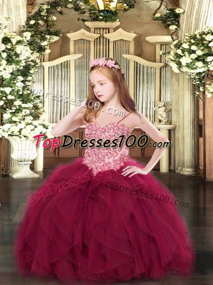Cute Tulle Sleeveless Floor Length Little Girl Pageant Dress and Appliques and Ruffles