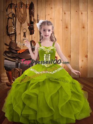Customized Olive Green Sleeveless Floor Length Embroidery and Ruffles Lace Up Pageant Dress Womens