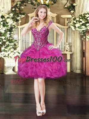 Sleeveless Organza Mini Length Lace Up Prom Evening Gown in Fuchsia with Beading and Ruffles