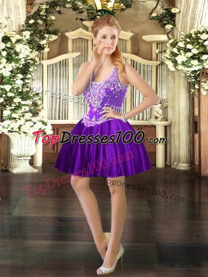 Satin Straps Sleeveless Lace Up Beading Prom Party Dress in Purple