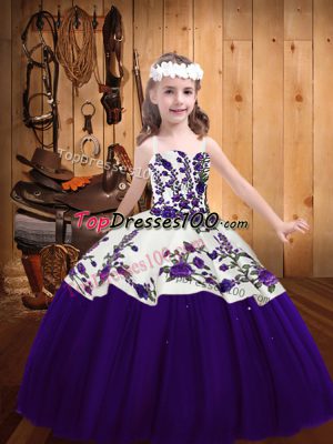 Straps Sleeveless Lace Up Little Girl Pageant Gowns Purple Tulle