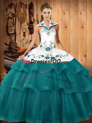 Sweep Train Mermaid Quinceanera Dress Teal Halter Top Organza Sleeveless Lace Up