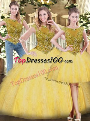 Gold Sleeveless Beading and Ruffles Floor Length Quince Ball Gowns
